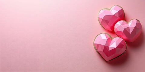 Fototapeta premium Three geometric hearts are arranged against a solid background. Each has multiple facets and appears to be outlined in metallic trim.