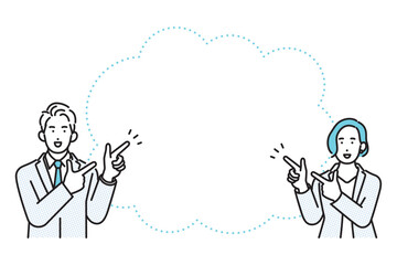 シンプル　イラスト　笑顔で指をさすビジネスパーソンの男性と女性 人物セット