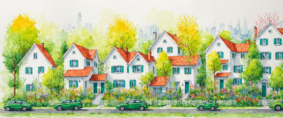 green cars and new modern white houses