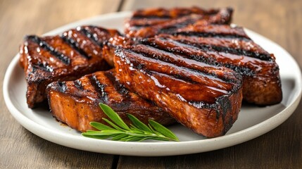 A platter of juicy grilled steaks, with an expert barbecue glaze, each steak cooked to perfection
