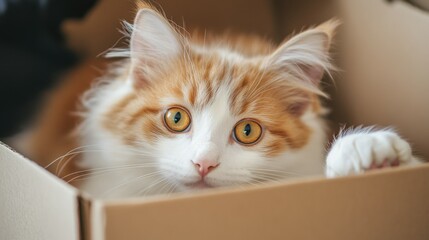 Portrait of red white cat lying in the cardboard box.