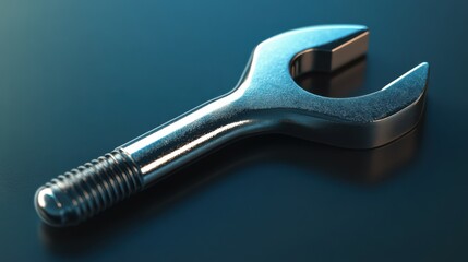 A shiny, metallic wrench rests on a dark surface, showcasing its design and craftsmanship, ideal for mechanical tasks or repairs.