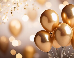 Gold balloons with white gold bokeh background, copy space, sale and party theme