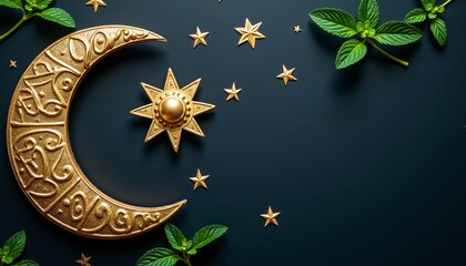 Eid Al Adha decoration concept with moon and star symbol and mint leaves on dark background flat lay top view.