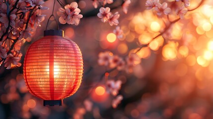 Obraz premium Illuminated Red Paper Lantern Hanging from Blossoming Tree Branch at Sunset