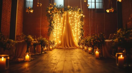 Romantic ceremony aisle with lights and decor
