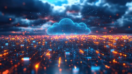 Obraz premium A digital cloud looms over a vibrant cityscape, illuminated by glowing lights and a dramatic sky, symbolizing technology and connectivity.