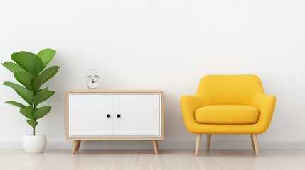 A minimalist living room features a vibrant yellow armchair next to a white and light wood cabinet with a fiddle leaf fig plant and a small alarm clock.