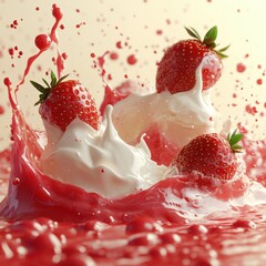 Fresh strawberries splashing in creamy milk create a vibrant and dynamic scene of deliciousness and freshness.