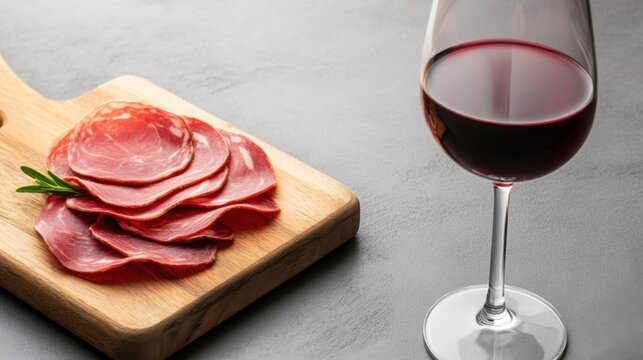 A rustic cutting board with freshly sliced balyk and a glass of red wine beside it, showcasing the perfect pairing of flavors
