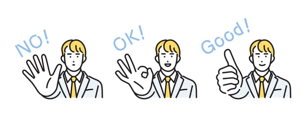 シンプル　イラスト　ハンドサインで意思表示する男子学生 人物セット