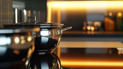 A close-up of three elegant stainless steel pots and pans, their polished surfaces catching the light in a sleek kitchen