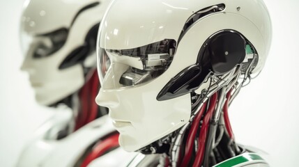 Fototapeta premium Futuristic humanoid robots stand ready, showcasing advanced technology and potential, merging human-like design with precision machinery.