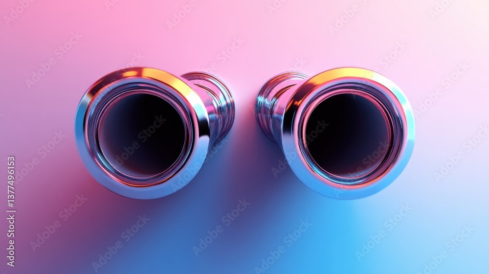 Poster two metallic, circular objects with glossy surfaces against a vibrant gradient background create a m