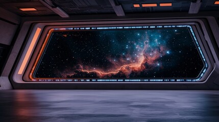 Obraz premium Futuristic Spaceship Interior with Nebula View Sci-Fi Spaceship Corridor Design