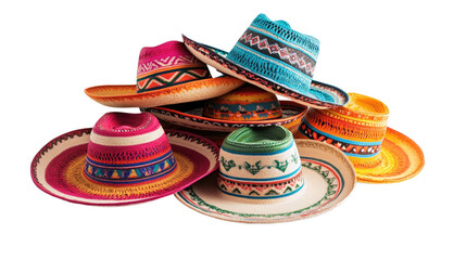 A stack of traditional Mexican sombreros isolated on PNG Background