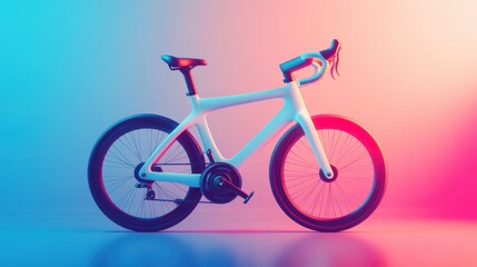 Obraz premium A sleek, modern bicycle displayed against a gradient background of blue and pink, emphasizing its design and vibrant colors.