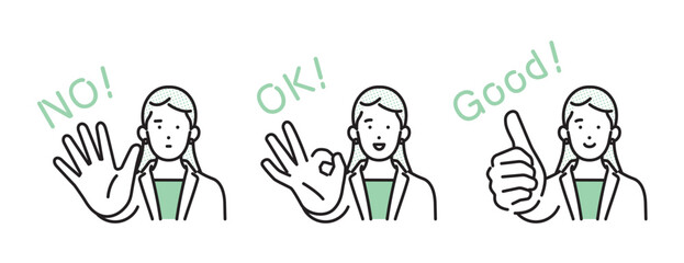 シンプル　イラスト　ハンドサインで意思表示する薬剤師の女性 人物セット