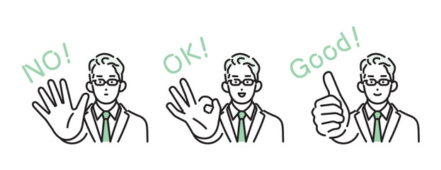 シンプル　イラスト　ハンドサインで意思表示するビ薬剤師の男性 人物セット