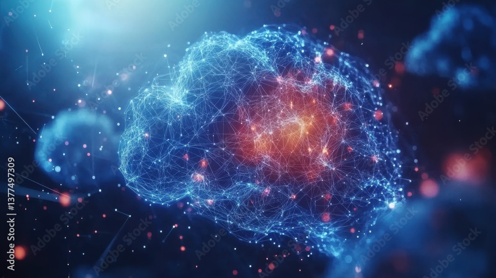 Poster a digital representation of a brain, visualized with glowing networks and connections, symbolizing i