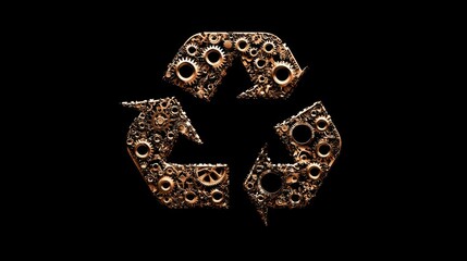 Fototapeta premium A steampunk-inspired recycling symbol composed of gears and mechanical elements, set against a black background.