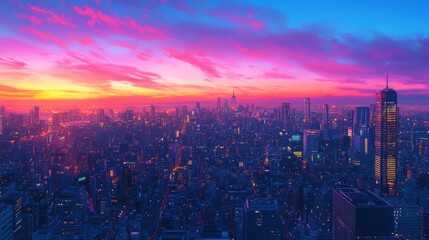 Fototapeta premium A stunning cityscape at sunset, featuring vibrant colors illuminating a sprawling skyline filled with skyscrapers and a breathtaking sky.