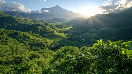 Fototapeta premium Majestic Mountain Landscape at Sunrise Lush Green Valley and Dramatic Peaks
