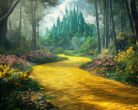 Magic Path. Enchanted yellow brick road leading to magical emerald city in springtime , Fantasy, Oz, Magicians