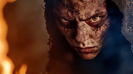 Fototapeta premium Horrifying Close-Up of a Ghoulish Figure Emerging from Flames