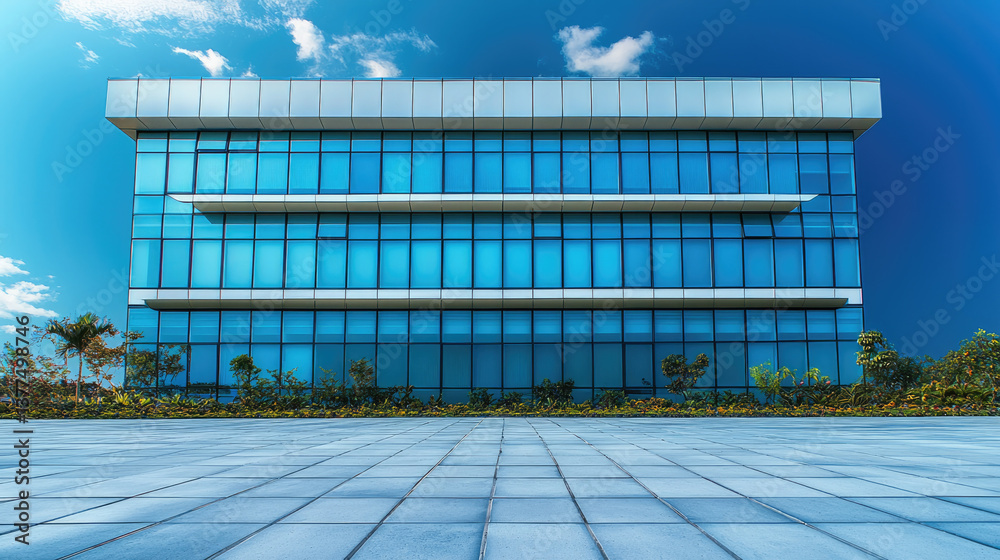 Aufkleber modern architectural building with sleek glass facade, showcasing large windows reflecting sky. surrounding area features greenery and paved walkway, creating serene environment
