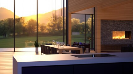 Fototapeta premium Modern Mountain View Home Interior Design Sunset Views & Fireplace