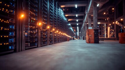 Fototapeta premium High-Tech Server Room Rows of Servers Illuminated in a Modern Data Center