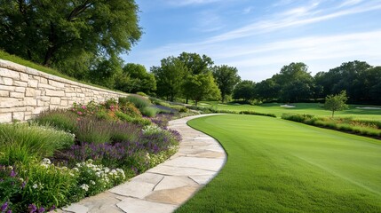 Obraz premium Stone path winding through colorful flowerbed bordering golf course under blue sky