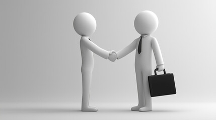 Two 3D cartoon figures shaking hands with briefcase on gray background