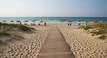 Fototapeta premium Walking Towards Colorful Beach Umbrellas on Sand with Wooden Path