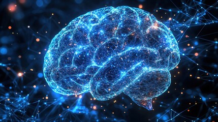 A glowing blue brain made of interconnected lines and nodes, representing neural networks and technology.