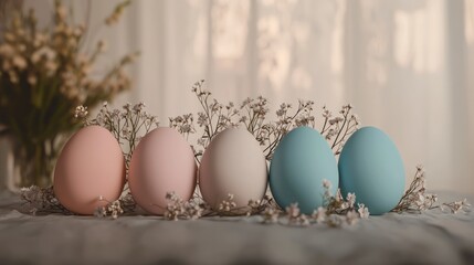 Obraz premium Pastel Easter Eggs Decorated with Delicate Baby's Breath Flowers