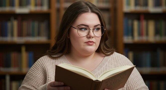 Woman Reading Open Book in Library with Focus and Thought