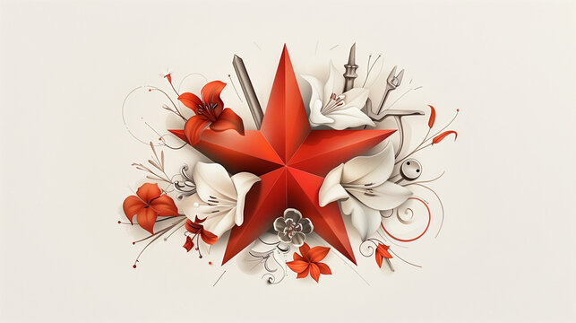 Red Star Symbolizing Labor Day with Flowers and Tools   - Powered by Adobe