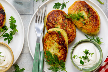 Potato patties stuffed with meat and sour cream.top veiw