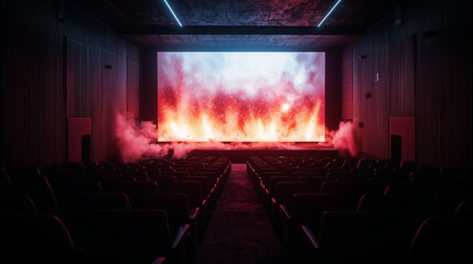 Interior of modern cinema showcasing a vibrant visual display of flames and smoke on the big screen amidst empty seats under dim lighting