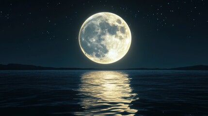 A stunning full moon illuminates a calm sea, reflecting its light on the water's surface, surrounded by a starry night sky.