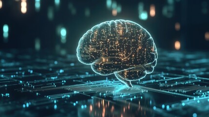 Obraz premium A glowing digital brain with circuit patterns, symbolizing artificial intelligence and technology, set against a dark, futuristic background.