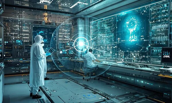 Futuristic laboratory with scientists analyzing complex data displayed on large interactive screens.
