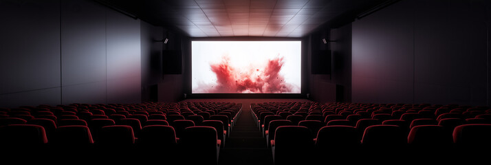 Modern cinema interior showcasing a vibrant red explosion on the large screen with empty red velvet seats in a dark room, ideal for film enthusiasts and movie lovers