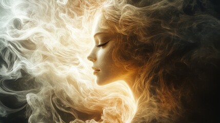 Fototapeta premium A surreal depiction of a woman's profile, surrounded by ethereal smoke-like wisps, blending light and dark tones to create a mystical atmosphere.