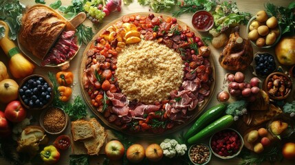 Fototapeta premium A vibrant spread of assorted meats, vegetables, fruits, and grains arranged beautifully, showcasing a bountiful and colorful feast.