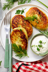 Potato patties stuffed with meat and sour cream.top veiw