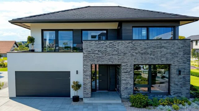 Modern two-story house with sleek design, captured from a high-angle view, showcasing the architecture. Ideal for a real estate video tour.