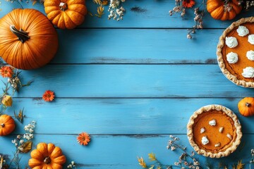 Autumnal Thanksgiving dessert display on a blue wooden background